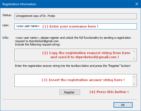 Screenshot of the Dr. Probe GUI registration dailog with the required steps for a registration indicated.