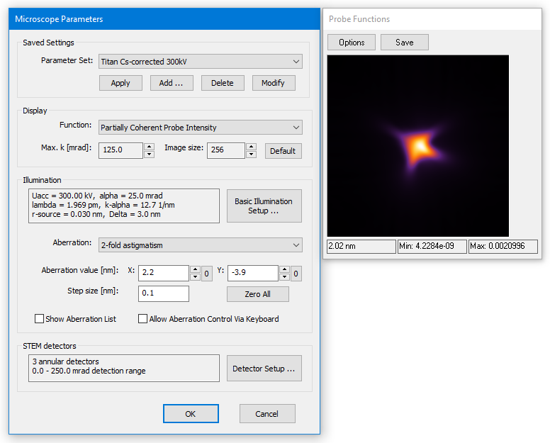 Dr. Probe GUI - microscope parameter setup dialog