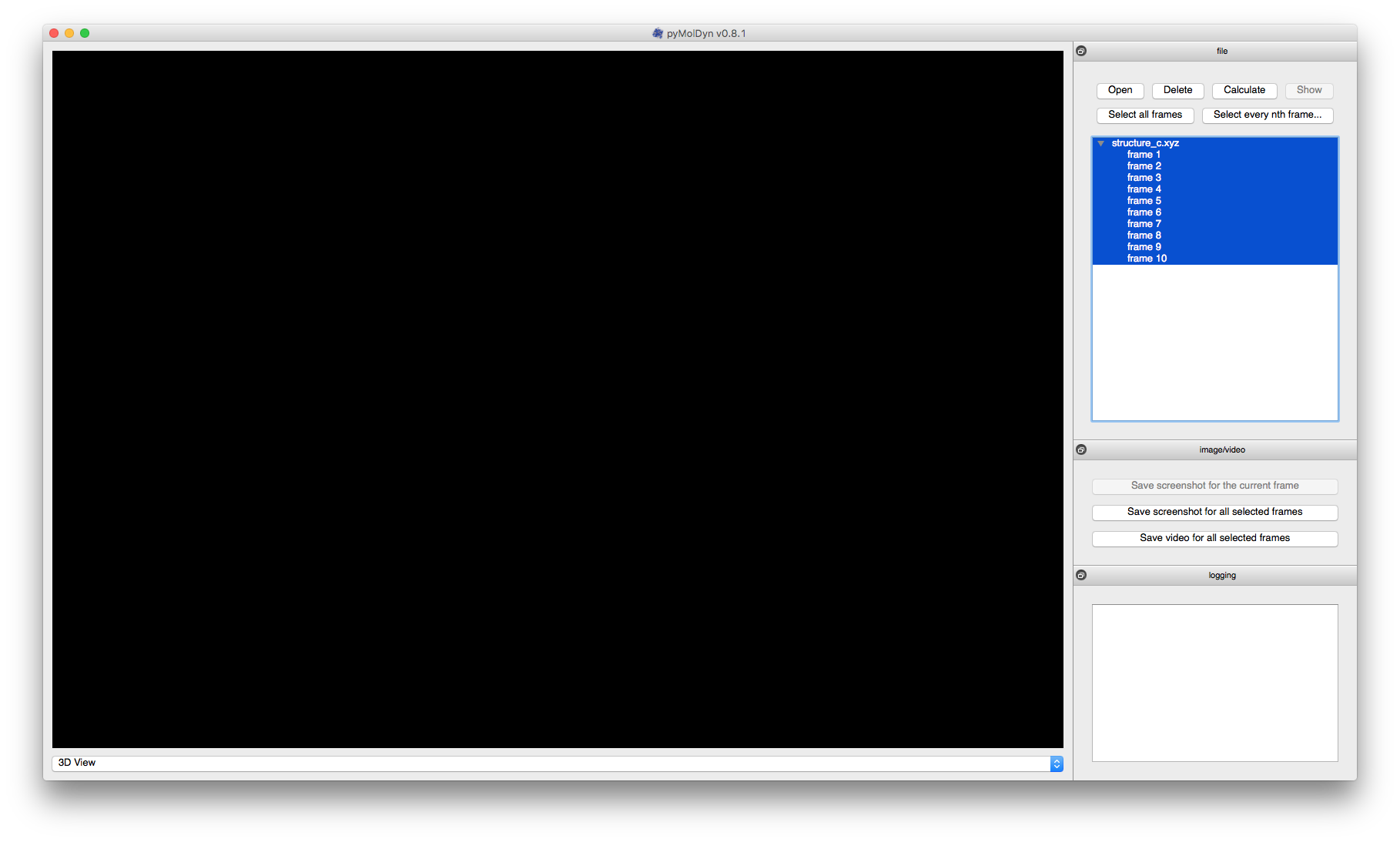 pyMolDyn GUI after selecting frames